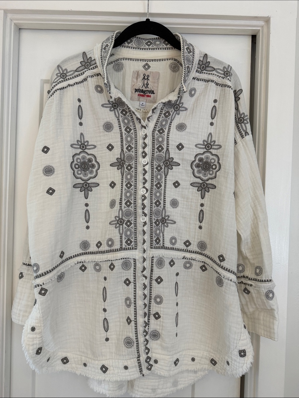 Johnny Was beautifully embroidered grey and white button down- Medium